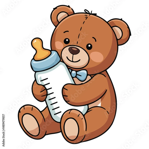 Obraz Sweet infant teddy bear with baby bottle for nourishment isolated vector illustration on white background