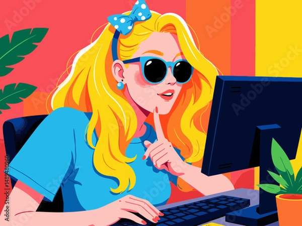 Obraz A playful interaction between a girl and a boy at a computer desk showcases creativity, connection, and collaboration in a flirtatious manner, capturing youthful energy