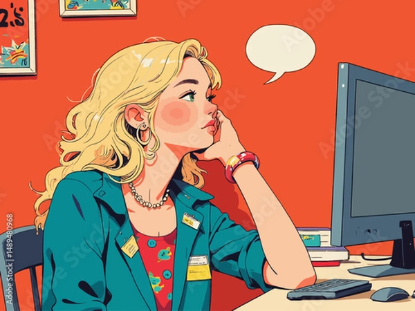 Fototapeta A playful interaction between a girl and a boy at a computer desk showcases creativity, connection, and collaboration in a flirtatious manner, capturing youthful energy