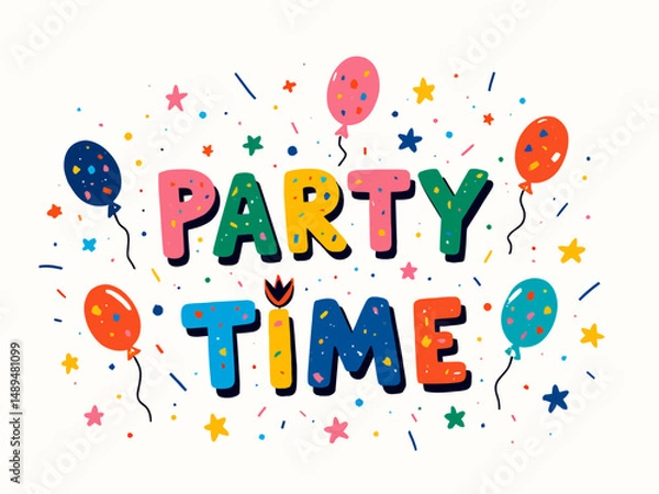Fototapeta This vibrant image features a playful 'Party Time' design, perfect for conveying a festive atmosphere, complete with bright colors and whimsical shapes to inspire joy and celebration.