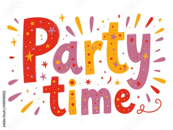 Fototapeta This vibrant image features a playful 'Party Time' design, perfect for conveying a festive atmosphere, complete with bright colors and whimsical shapes to inspire joy and celebration.