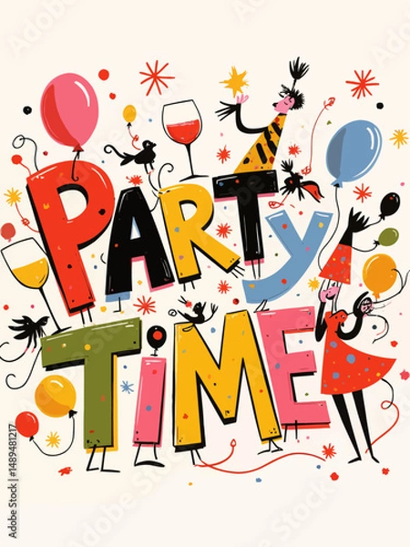 Fototapeta This vibrant image features a playful 'Party Time' design, perfect for conveying a festive atmosphere, complete with bright colors and whimsical shapes to inspire joy and celebration.