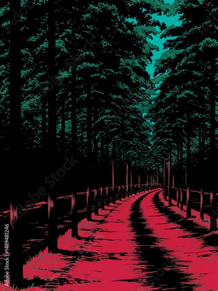 Fototapeta  captivating view of a tranquil forest pathway illuminated by a vibrant palette of fiery red and cool teal hues, evoking a sense of wonder and serenity in nature