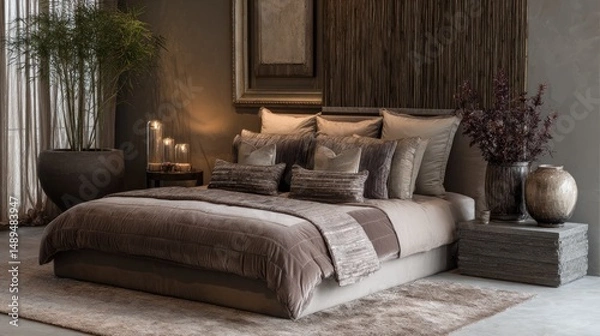 Fototapeta Luxurious bedroom suite with a warm, earthy palette.  Soft textures and natural elements create a serene and sophisticated space