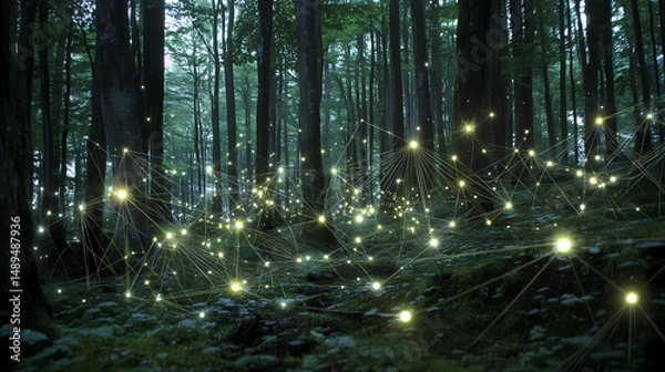 Obraz Forest network glowing connections in nature. [Fungal Cities] | Hyphal Networks | thread street. Illustration