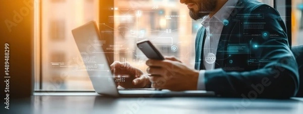 Fototapeta Focused businessman using smartphone and laptop simultaneously with data interface overlays in modern office environment during daytime
