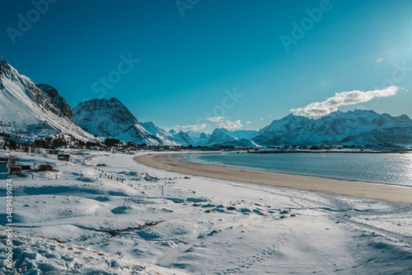 Fototapeta Snowy Ramberg Beach and Mountains in Lofoten