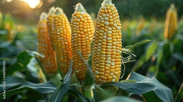 Fototapeta A close-up of fresh corn cobs growing on the stalk, surrounded by vibrant green husks.