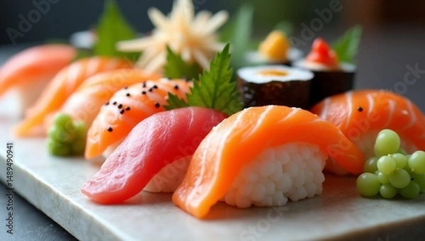 Fototapeta Macro Shot of Sushi Rolls – Detailed Close-Up of Traditional Japanese Food with Fresh Ingredients and Elegant Presentation