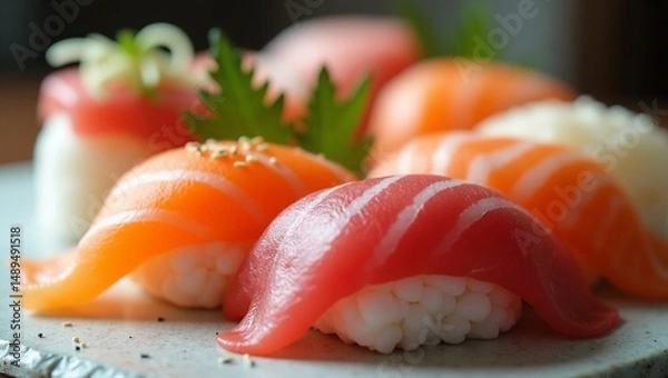 Fototapeta Macro Shot of Sushi Rolls – Detailed Close-Up of Traditional Japanese Food with Fresh Ingredients and Elegant Presentation