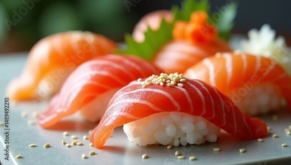 Fototapeta Macro Shot of Sushi Rolls – Detailed Close-Up of Traditional Japanese Food with Fresh Ingredients and Elegant Presentation