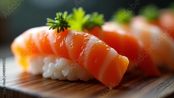 Fototapeta Macro Shot of Sushi Rolls – Detailed Close-Up of Traditional Japanese Food with Fresh Ingredients and Elegant Presentation