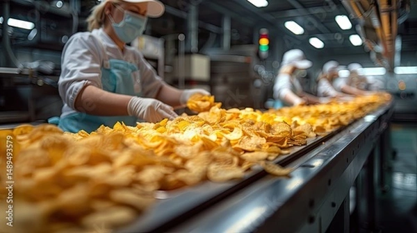 Fototapeta Snack packaging factory with workers inspecting potato chips being sealed into bags, high-speed machinery ensuring efficiency, automated weighing systems.