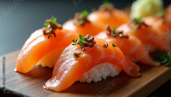 Fototapeta Macro Shot of Sushi Rolls – Detailed Close-Up of Traditional Japanese Food with Fresh Ingredients and Elegant Presentation