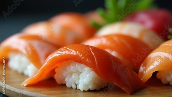 Fototapeta Macro Shot of Sushi Rolls – Detailed Close-Up of Traditional Japanese Food with Fresh Ingredients and Elegant Presentation