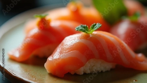 Fototapeta Macro Shot of Sushi Rolls – Detailed Close-Up of Traditional Japanese Food with Fresh Ingredients and Elegant Presentation