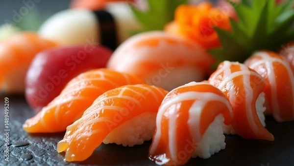 Fototapeta Macro Shot of Sushi Rolls – Detailed Close-Up of Traditional Japanese Food with Fresh Ingredients and Elegant Presentation