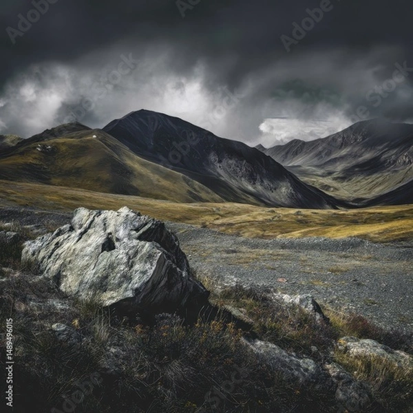 Fototapeta Majestic Mountain Landscape with Dramatic Sky and Rocky Terrain in the Foreground Beneath Cloudy Weather in Scenic Nature Environment