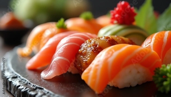 Fototapeta Macro Shot of Sushi Rolls – Detailed Close-Up of Traditional Japanese Food with Fresh Ingredients and Elegant Presentation