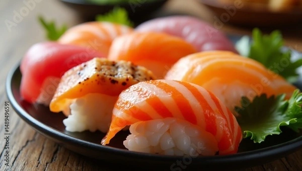 Fototapeta Macro Shot of Sushi Rolls – Detailed Close-Up of Traditional Japanese Food with Fresh Ingredients and Elegant Presentation
