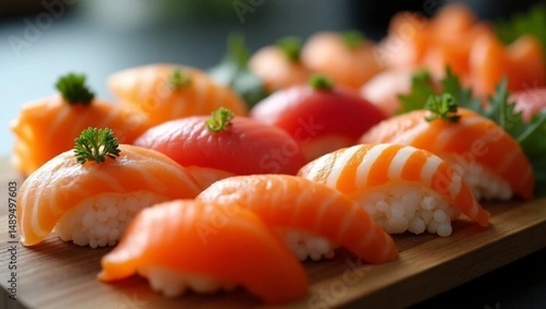 Fototapeta Macro Shot of Sushi Rolls – Detailed Close-Up of Traditional Japanese Food with Fresh Ingredients and Elegant Presentation