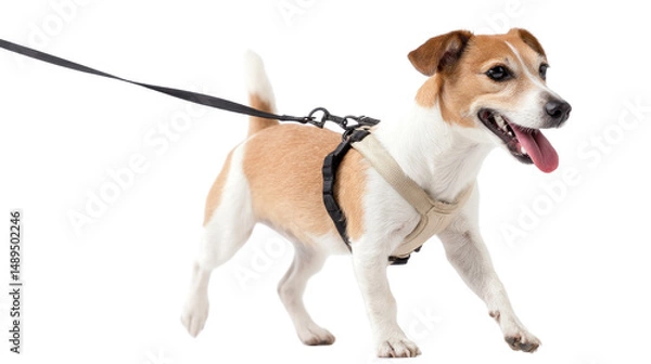 Fototapeta Active Companion: A lively dog in a harness and leash, captures the energy and exuberance of the canine, showcasing a playful stroll with a happy expression.