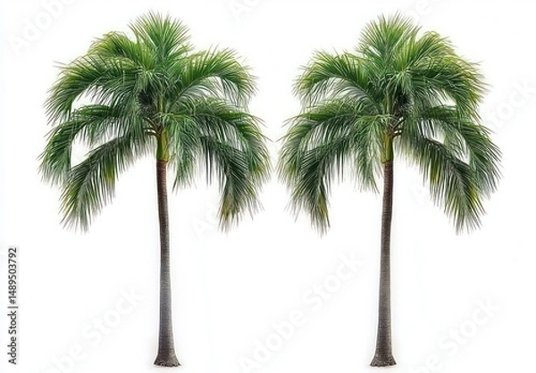 Fototapeta Two tall palm trees with lush green fronds isolated on a white background