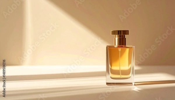 Fototapeta マットなベージュ背景の片隅にガラス製香水瓶が一つ。自然光が差し込み、美しさと洗練された雰囲気を演出

