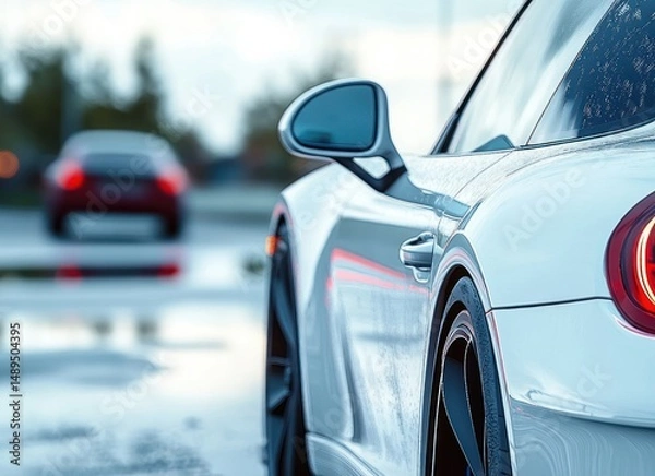 Fototapeta Close-up view of a sleek white sports car with water droplets on its surface parked on a wet road with blurred car in the background creating a calm and fresh atmosphere