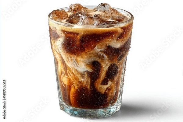 Fototapeta A glass of iced coffee with milk swirls and condensation, isolated on plain white background for cafe branding