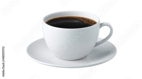 Fototapeta Coffee in Cup: a close-up captures a classic white ceramic cup and saucer, filled with rich, dark coffee, embodying the simple pleasures of a refreshing beverage.