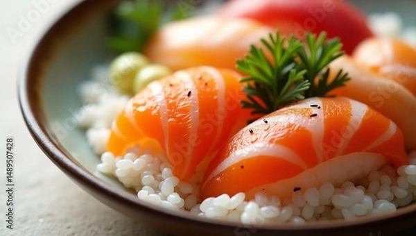 Fototapeta Macro Shot of Sushi Rolls – Detailed Close-Up of Traditional Japanese Food with Fresh Ingredients and Elegant Presentation