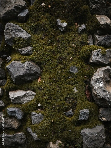 Fototapeta A mossy rock wall has various sized rocks and patches of grass.
