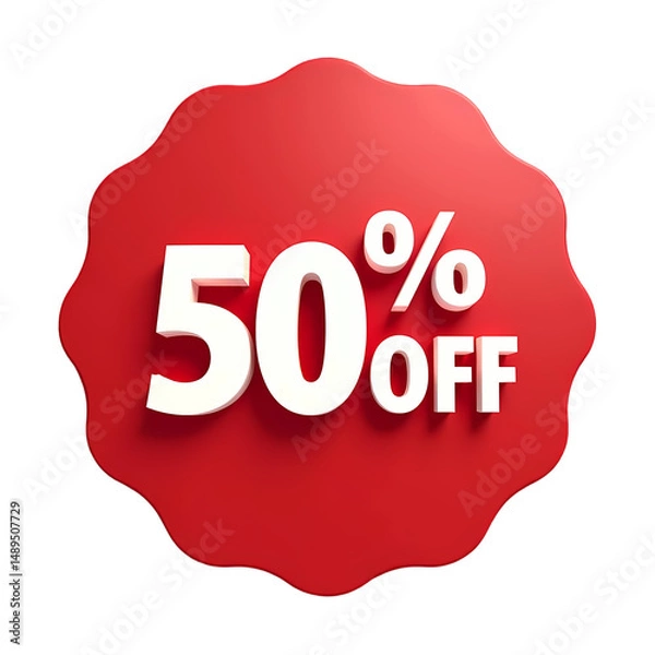 Fototapeta A red tag with fifty percent off in white text  for sales and promotions isolated on transparent backgruond