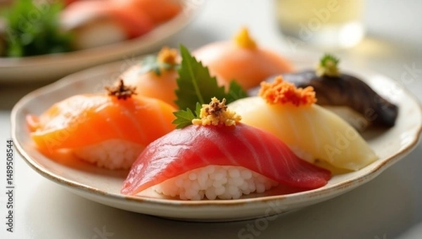 Fototapeta Macro Shot of Sushi Rolls – Detailed Close-Up of Traditional Japanese Food with Fresh Ingredients and Elegant Presentation