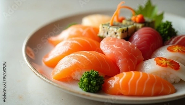 Fototapeta Macro Shot of Sushi Rolls – Detailed Close-Up of Traditional Japanese Food with Fresh Ingredients and Elegant Presentation