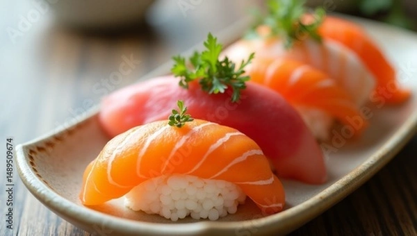 Fototapeta Macro Shot of Sushi Rolls – Detailed Close-Up of Traditional Japanese Food with Fresh Ingredients and Elegant Presentation