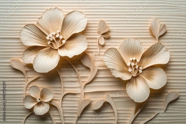 Fototapeta delicate beige paper flowers with detailed petals and leaves arranged on a textured striped background, showcasing intricate craftsmanship and subtle shadows