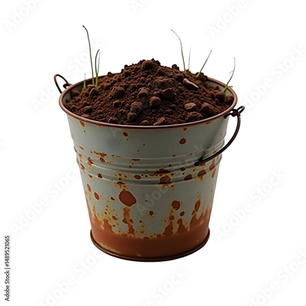 Fototapeta Rustic Charm, A Metal Bucket Overflowing with Rich Soil and Emerging Green Sprouts Against a Clean Isolation