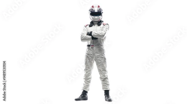 Fototapeta Race Car Driver Ready to Go: A confident and focused racing driver stands with crossed arms, wearing a full-body suit and helmet, ready for the race.  He's an image of determination.
