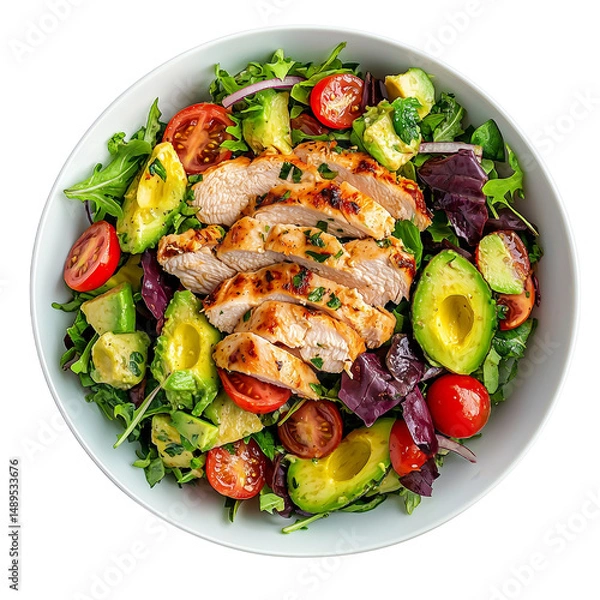 Fototapeta A vibrant Chicken Avocado Salad featuring grilled chicken, cherry tomatoes, avocado, and mixed greens in a round bowl. isolated on white background and transparent background