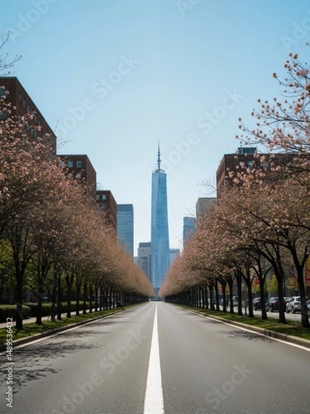 Fototapeta A street with trees on both sides and skyscrapers in the background.