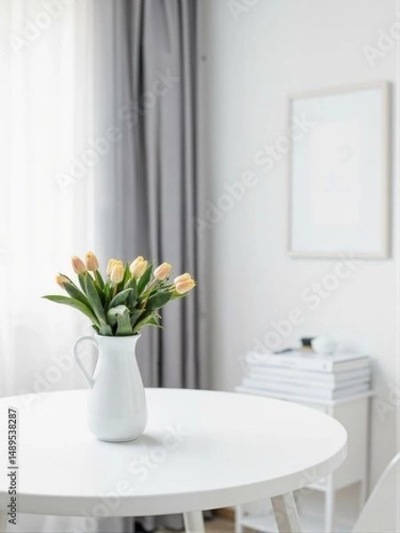Fototapeta A table with two white vases filled with flowers.