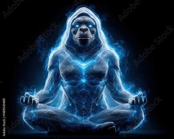 Fototapeta Futuristic Gorilla Meditating with Glowing Energy in Dark Background