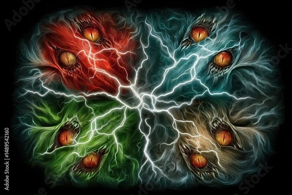 Fototapeta Colorful Abstract Eyes with Lightning Bolts and Swirling Energy Design