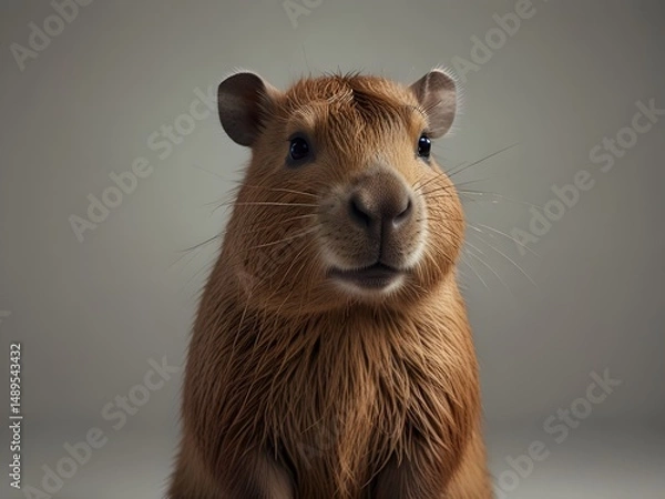 Obraz Close up of a capybara against a neutral background. The worlds largest rodent presents soft brown fur and a docile expression, creating a serene portrait.