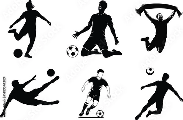 Fototapeta Dynamic Soccer Player Silhouette, Action Kick Pose Vector. Football Silhouette Collection, Kicks, Goals & Dribbles, Soccer Match, trikers, Goalkeepers & Fans, Retro Soccer, Running, Passing & Shooting