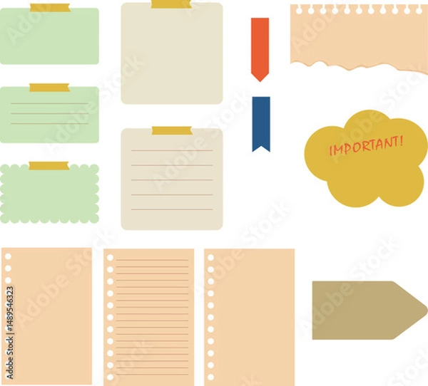 Fototapeta notes, memo, pages and teared paper vector element collection set. 
