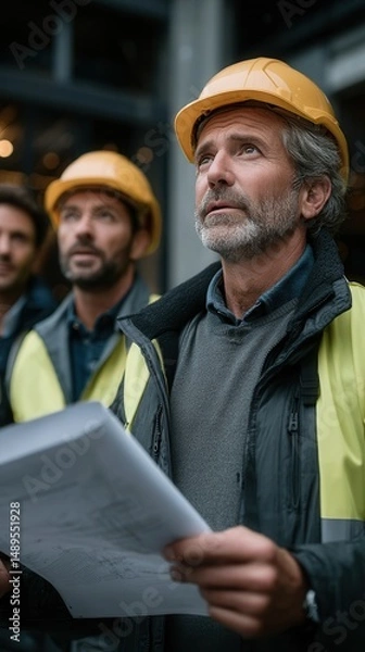Fototapeta Confident caucasian male senior construction manager looking upward while holding blueprints at building site with team members in hard hats and safety vests examining structural progress