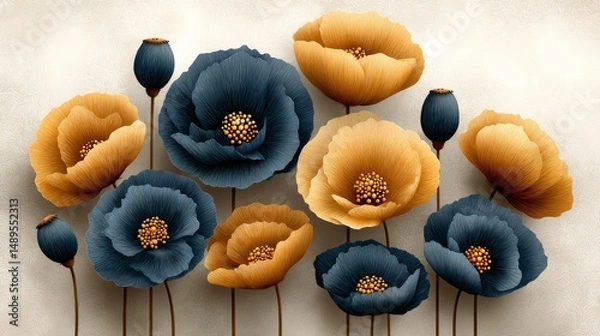 Fototapeta flower bunch of blue and yellow poppies on white background with copy space.